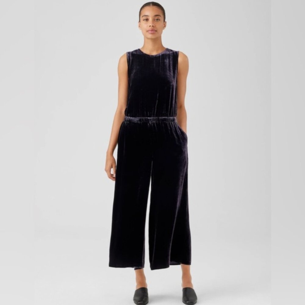 NWT EILEEN FISHER SILK Blend Velvet Wide-Leg JumpsuitEasy Fit Cropped Length XL